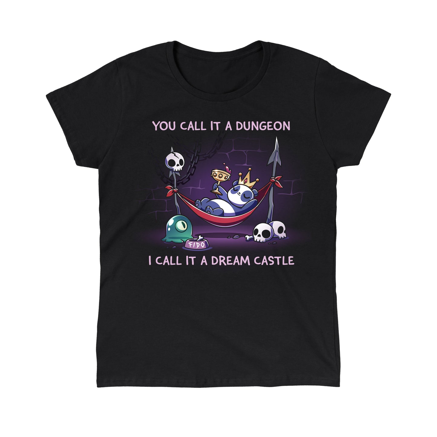 Classic Cotton T-shirt_TeeTurtle black Dream Castle t-shirt featuring a panda relaxing in a hammock propped with spears in a dungeon surrounded by skulls and a slime pet.