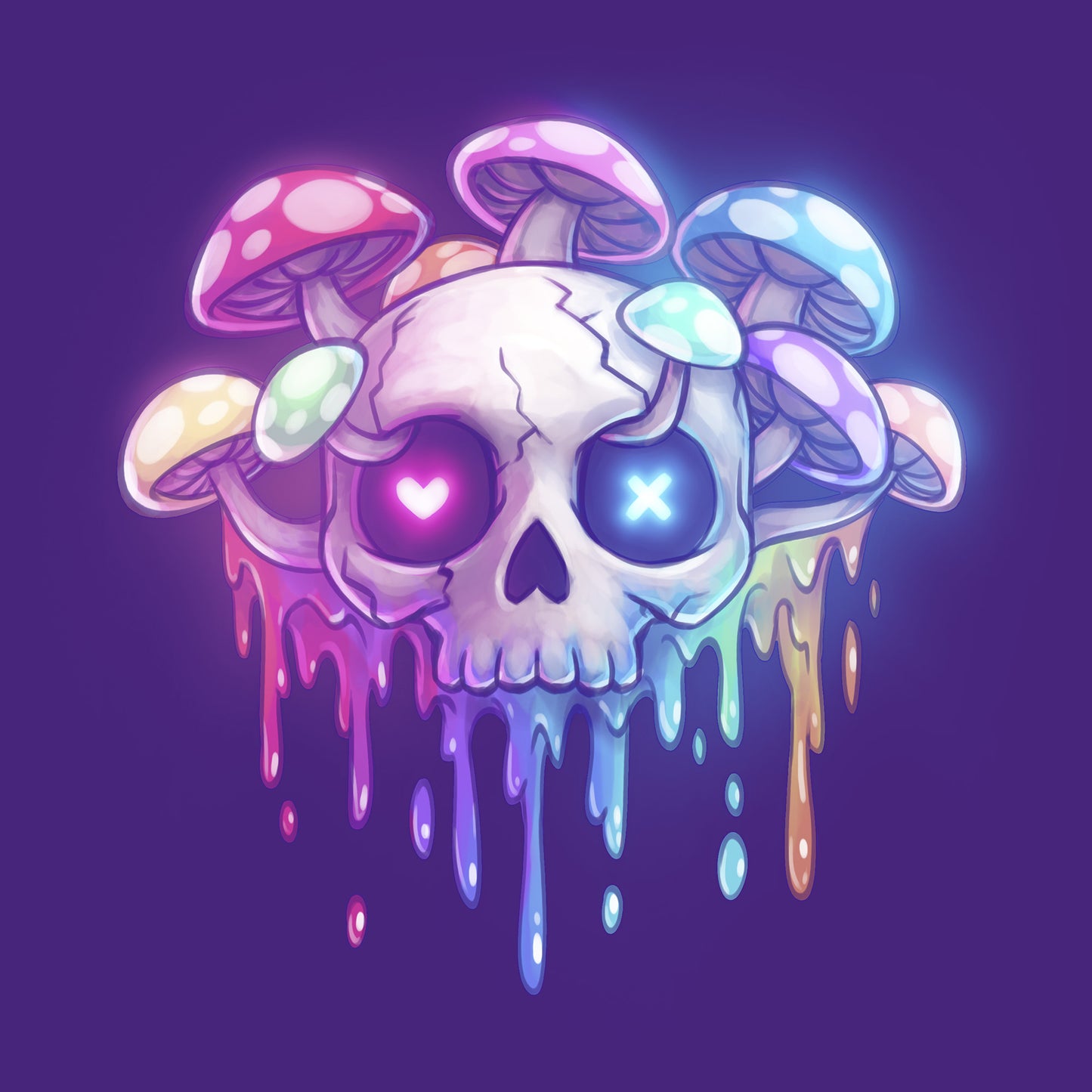 Classic Cotton T-shirt_TeeTurtle purple Drippy Rainbow Skull apparel featuring a skull with mushrooms growing out of it.