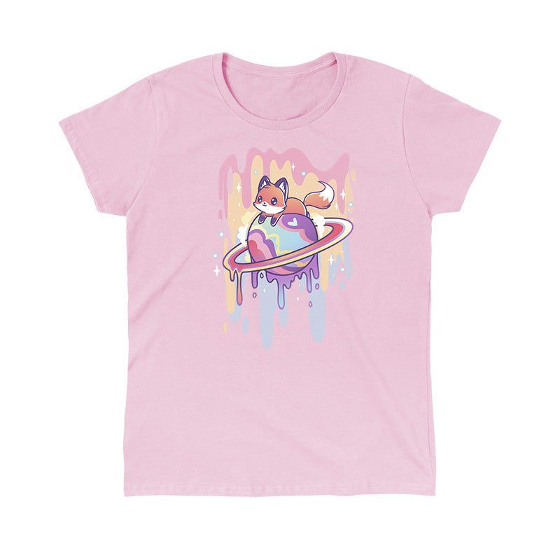 Classic Cotton T-shirt_TeeTurtle Drippy Dreamworld light pink t-shirt featuring a fox sitting on a colorful Saturn-like planet with a dripping effect, set against a pink background with sparkles.