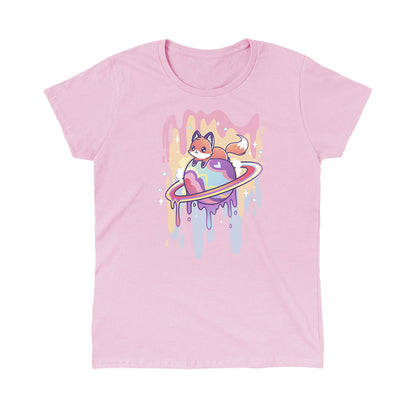 Classic Cotton T-shirt_TeeTurtle Drippy Dreamworld light pink t-shirt featuring a fox sitting on a colorful Saturn-like planet with a dripping effect, set against a pink background with sparkles.