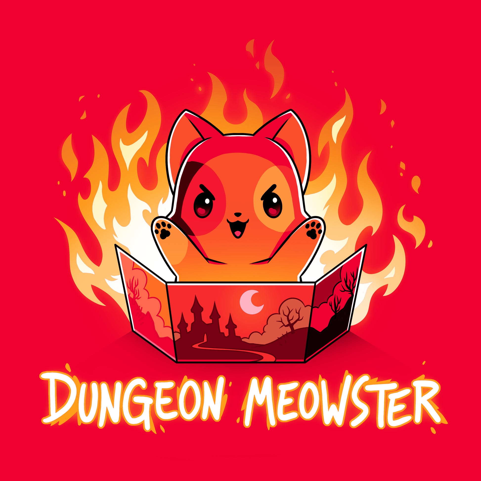 Classic Cotton T-shirt_TeeTurtle Dungeon Meowster red t-shirt featuring a cartoon red cat surrounded by flames with an evil look on its face  holding a book that has a castle, moon and trees on the cover with Dungeon Meowster written underneath. 