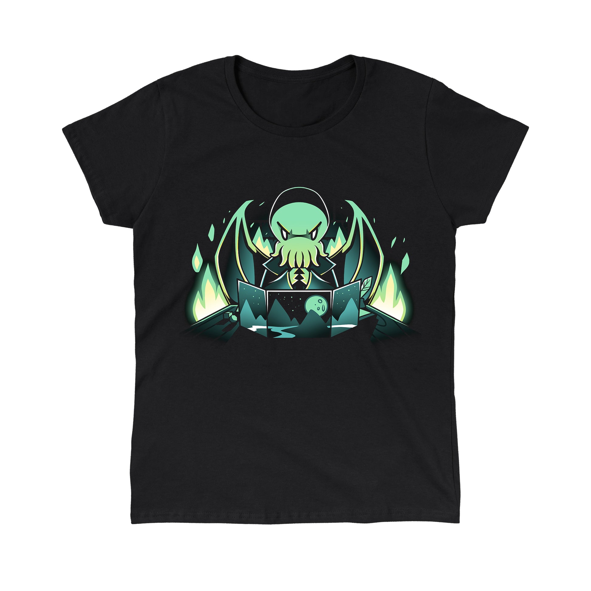 Classic Cotton T-shirt_TeeTurtle Dungeon Monster black t-shirt featuring a monster with green skin, tentacles, and wings sitting behind a gaming map with mountains and a moon, surrounded by glowing green flames.