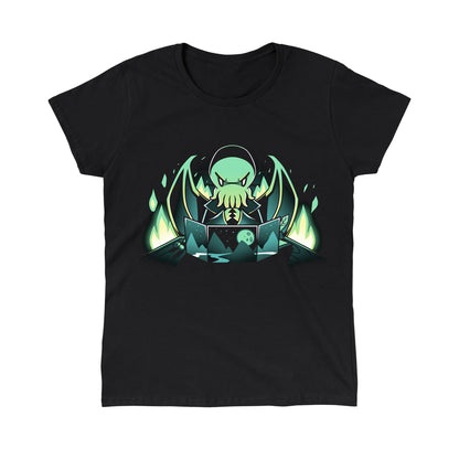 Classic Cotton T-shirt_TeeTurtle Dungeon Monster black t-shirt featuring a monster with green skin, tentacles, and wings sitting behind a gaming map with mountains and a moon, surrounded by glowing green flames.