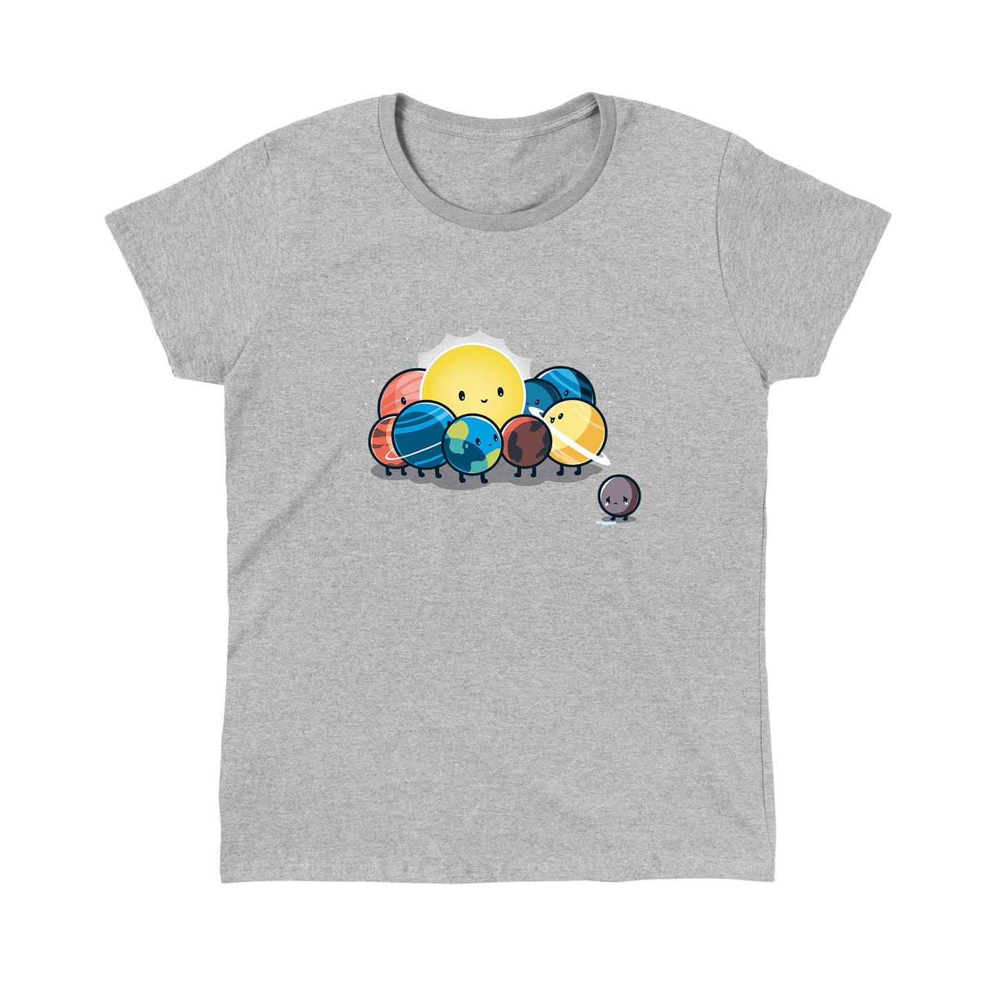 Classic Cotton T-shirt_TeeTurtle Dwarf Planet heather gray t-shirt featuring the planets of our solar system in space  huddled around the sun while Pluto is far away crying. 