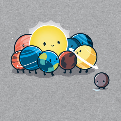 Long Sleeve T-shirt_TeeTurtle Dwarf Planet heather gray t-shirt featuring the planets of our solar system in space  huddled around the sun while Pluto is far away crying. 