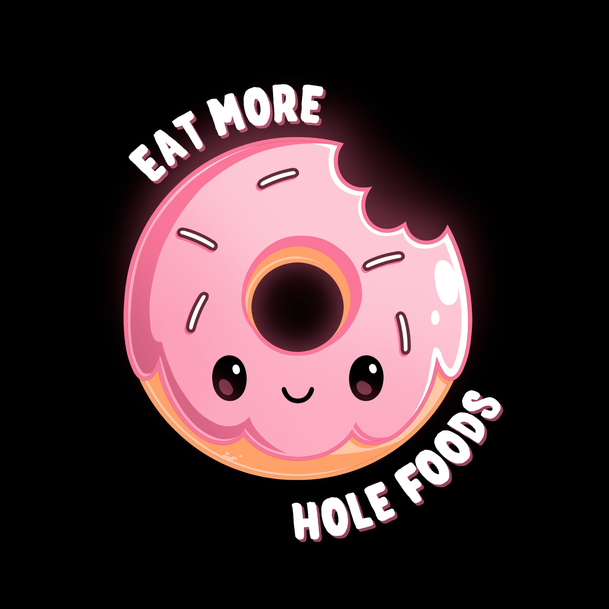 Classic Cotton T-shirt_TeeTurtle Eat More Hole Foods black t-shirt featuring a cute pink sprinkle donut with a bite taken out of it.