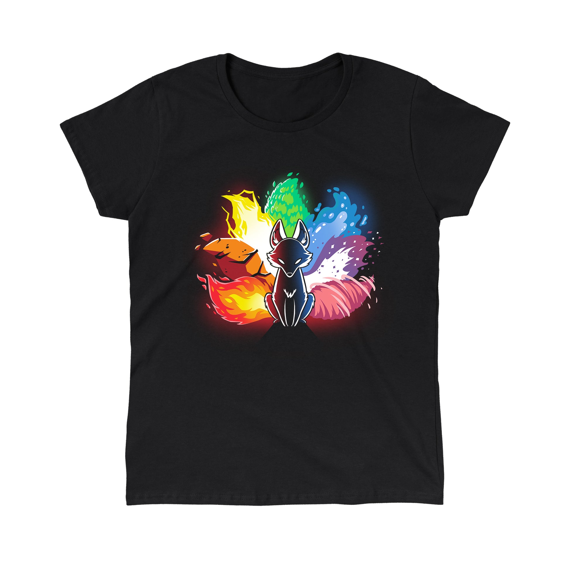 Classic Cotton T-shirt_Stylized image of an Elemental Kitsune with elements of fire, water, earth, and air surrounding it. The fox is in a sitting position with a black body and glowing eyes. This design graces our monsterdigital Elemental Kitsune, offering both comfort and style.