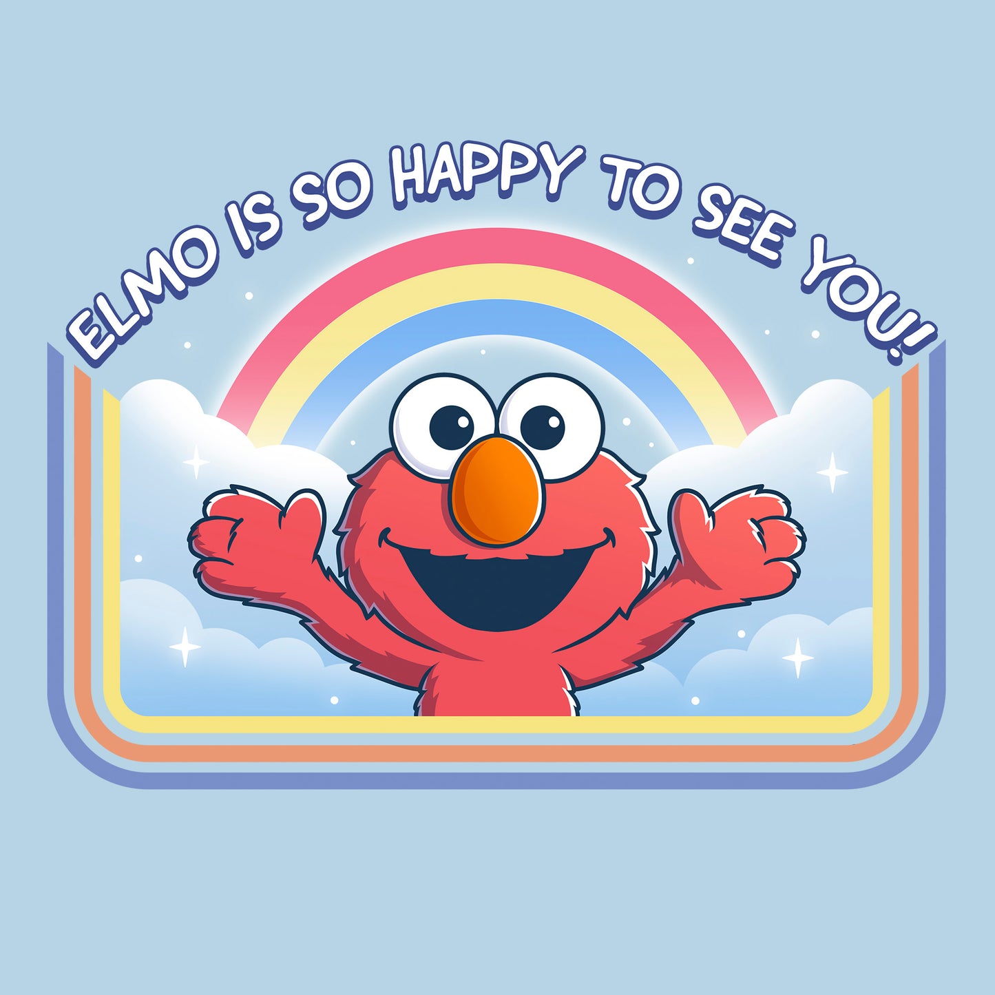 Classic Cotton T-shirt_TeeTurtle light blue Elmo Is So Happy To See You Classic Cotton T-shirt featuring Elmo from Sesame Street. He's smiling and has his arms wide as if he's going in for a hug. There's a rainbow and clouds behind him and  there is a retro style border along the sides and bottom. At the top is the text "Elmo Is So Happy To See You." 