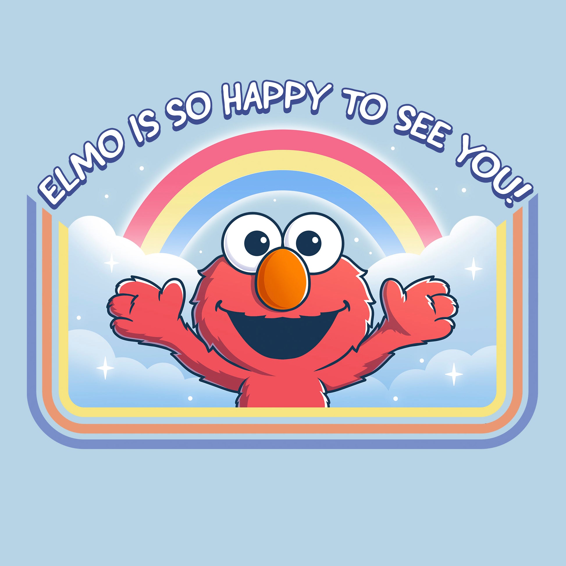 Classic Cotton T-shirt_TeeTurtle light blue Elmo Is So Happy To See You Classic Cotton T-shirt featuring Elmo from Sesame Street. He's smiling and has his arms wide as if he's going in for a hug. There's a rainbow and clouds behind him and  there is a retro style border along the sides and bottom. At the top is the text "Elmo Is So Happy To See You." 