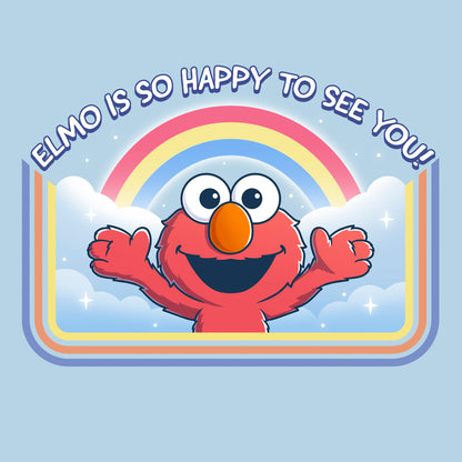 Classic Cotton T-shirt_TeeTurtle light blue Elmo Is So Happy To See You Classic Cotton T-shirt featuring Elmo from Sesame Street. He's smiling and has his arms wide as if he's going in for a hug. There's a rainbow and clouds behind him and  there is a retro style border along the sides and bottom. At the top is the text "Elmo Is So Happy To See You." 