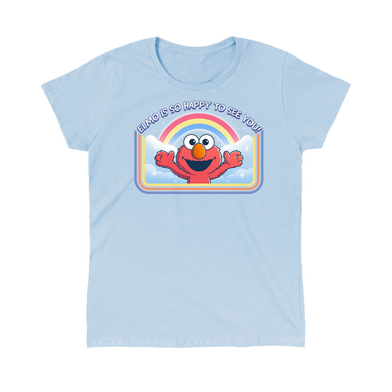 Classic Cotton T-shirt_TeeTurtle light blue Elmo Is So Happy To See You Classic Cotton T-shirt featuring Elmo from Sesame Street. He's smiling and has his arms wide as if he's going in for a hug. There's a rainbow and clouds behind him and  there is a retro style border along the sides and bottom. At the top is the text "Elmo Is So Happy To See You." 
