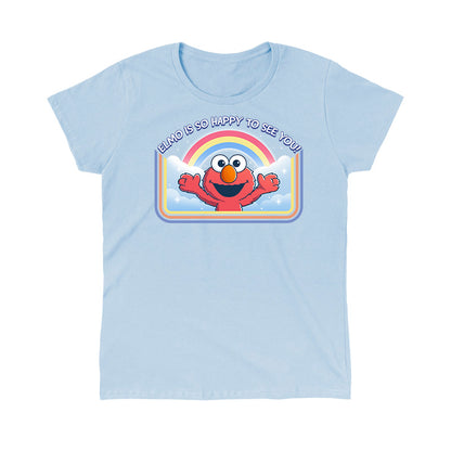 Classic Cotton T-shirt_TeeTurtle light blue Elmo Is So Happy To See You Classic Cotton T-shirt featuring Elmo from Sesame Street. He's smiling and has his arms wide as if he's going in for a hug. There's a rainbow and clouds behind him and  there is a retro style border along the sides and bottom. At the top is the text "Elmo Is So Happy To See You." 