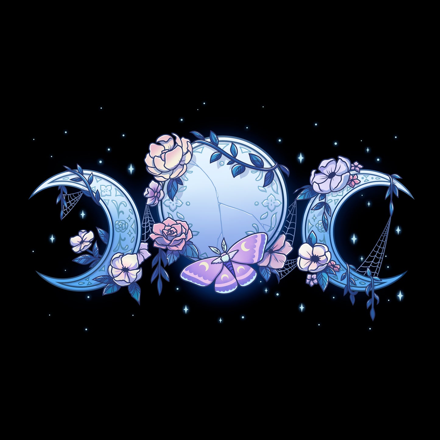 Long Sleeve T-shirt_TeeTurtle black Enchanted Moons featuring a full moon surrounded by crescent moons on each side with flowers, cobwebs, and a moth.