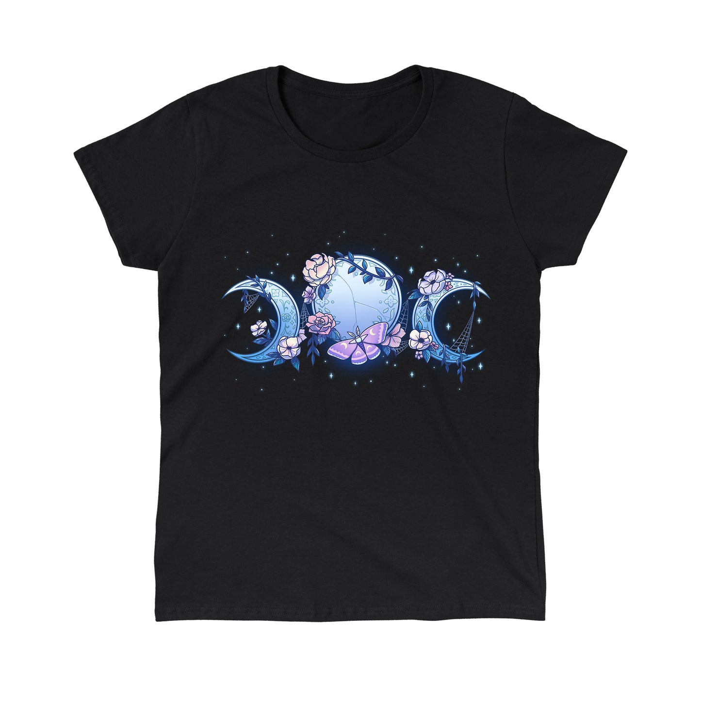 Classic Cotton T-shirt_TeeTurtle black Enchanted Moons featuring a full moon surrounded by crescent moons on each side with flowers, cobwebs, and a moth.