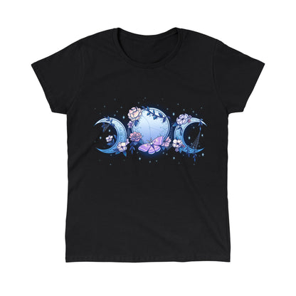 Classic Cotton T-shirt_TeeTurtle black Enchanted Moons featuring a full moon surrounded by crescent moons on each side with flowers, cobwebs, and a moth.