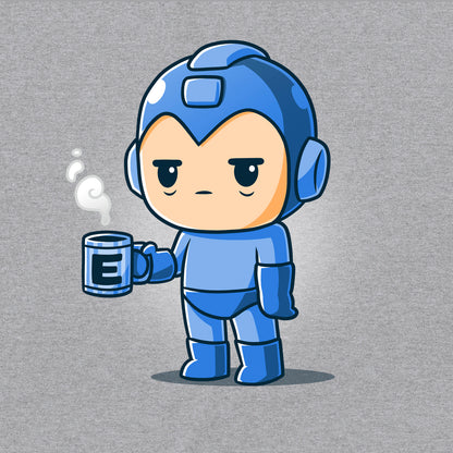 Crew Neck Sweatshirt_TeeTurtle heather gray Energy Capsule Needed apparel featuring a slee-deprived Mega Mag holding a steaming blue cup of coffee with an E on it.