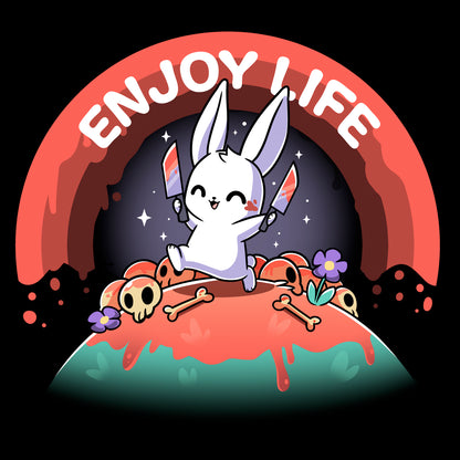 Long Sleeve T-shirt_TeeTurtle black Enjoy Life apparel featuring a bunny holding bloody knives in both paws, and skipping on a grassy hill littered with blood, bones, and purple flowers with a bloody rainbow in the background, and the caption, “Enjoy Life“.