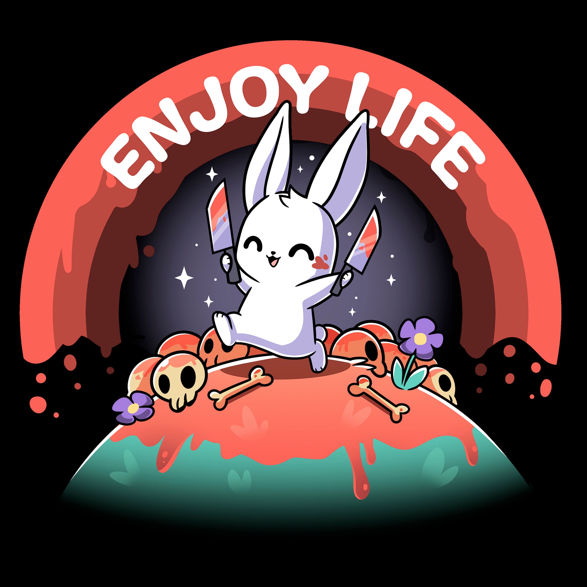 Classic Cotton T-shirt_TeeTurtle black Enjoy Life apparel featuring a bunny holding bloody knives in both paws, and skipping on a grassy hill littered with blood, bones, and purple flowers with a bloody rainbow in the background, and the caption, “Enjoy Life“.