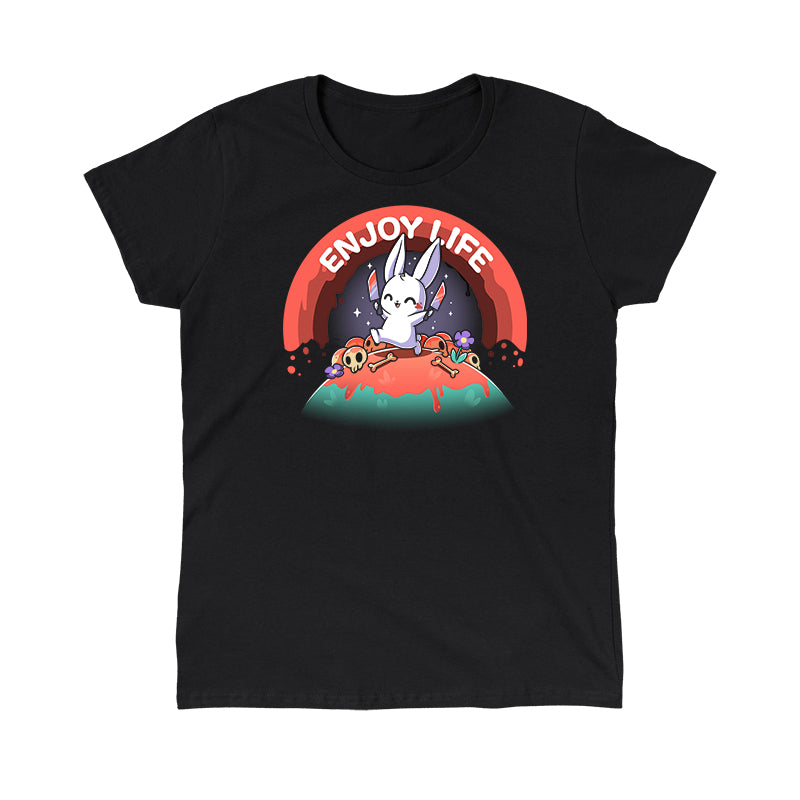 Classic Cotton T-shirt_TeeTurtle black Enjoy Life apparel featuring a bunny holding bloody knives in both paws, and skipping on a grassy hill littered with blood, bones, and purple flowers with a bloody rainbow in the background, and the caption, “Enjoy Life“.