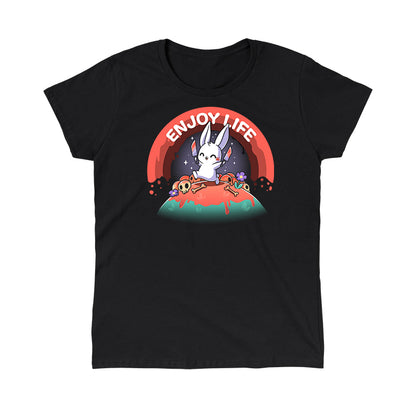Classic Cotton T-shirt_TeeTurtle black Enjoy Life apparel featuring a bunny holding bloody knives in both paws, and skipping on a grassy hill littered with blood, bones, and purple flowers with a bloody rainbow in the background, and the caption, “Enjoy Life“.