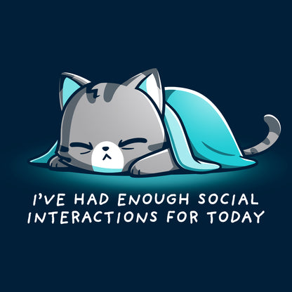 Classic Cotton T-shirt_TeeTurtle Enough Social Interactions Navy Blue t-shirt featuring a cat under a blue blanket.