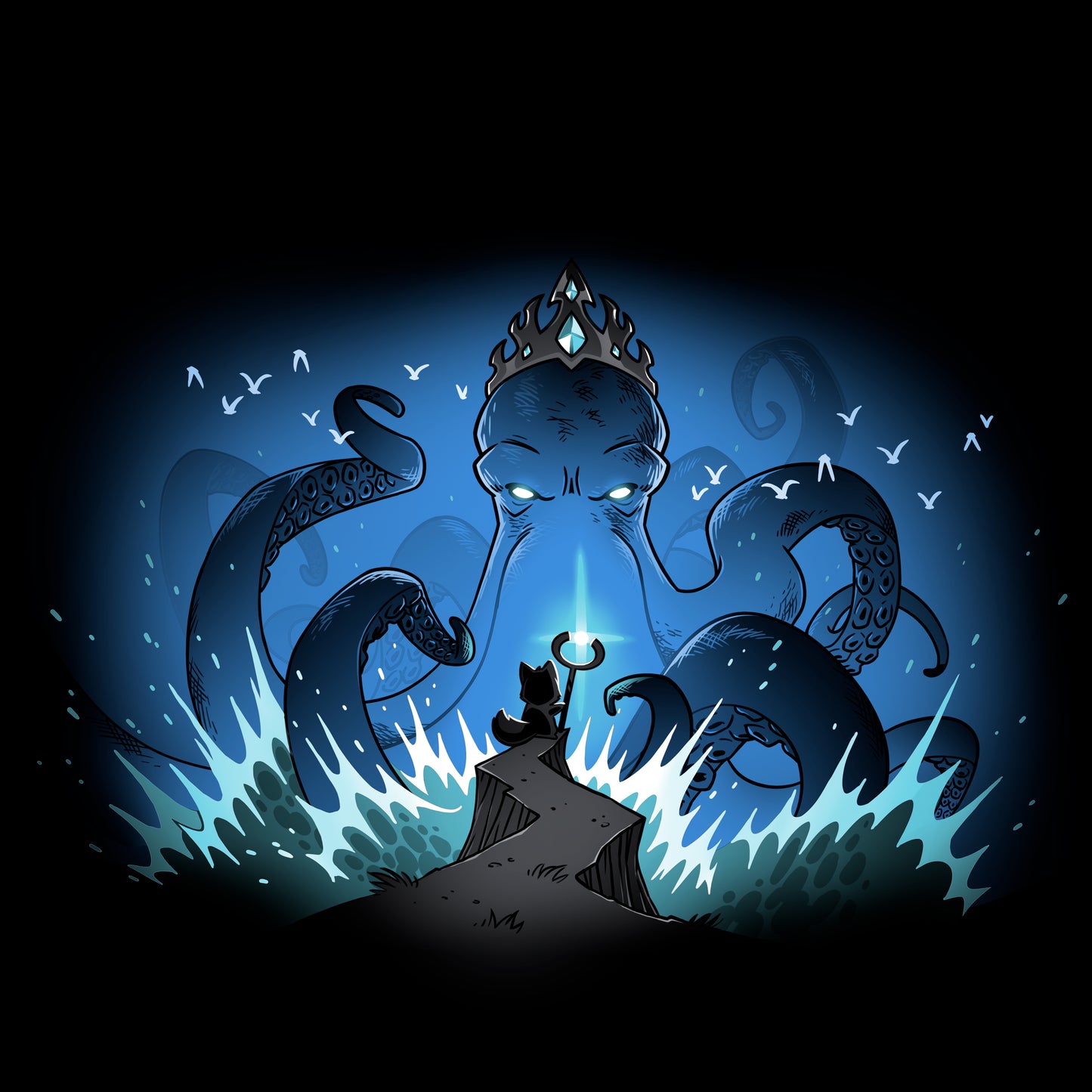 Classic Cotton T-shirt_TeeTurtle black Face the Kraken apparel featuring a small fox standing on a cliff holding a shining staff facing off against a giant crowned kraken emerging from the sea and sea gulls flying around the kraken’s head.