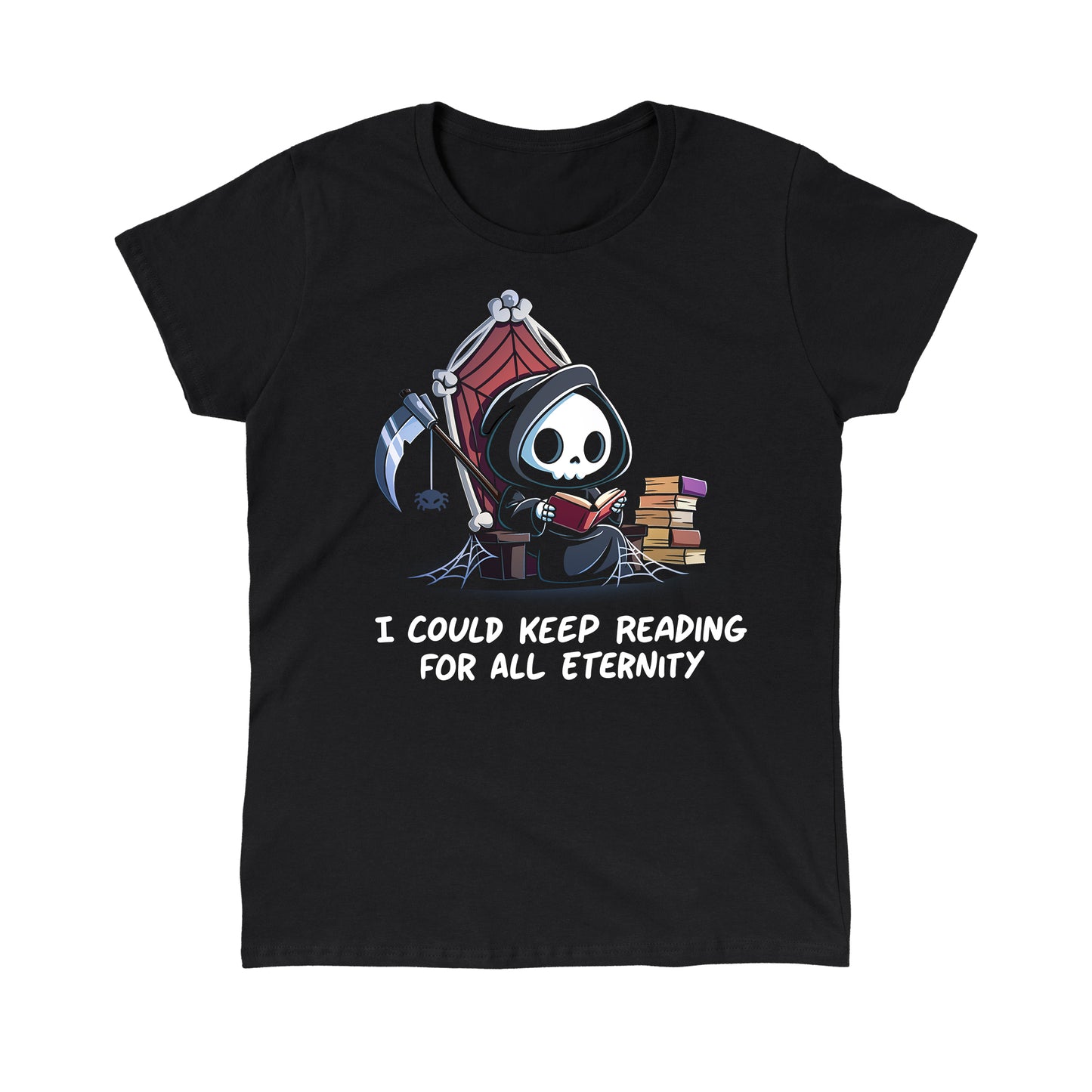 Classic Cotton T-shirt_TeeTurtle black Eternal Reader featuring the Grim Reaper on a cobwebbed throne reading a book with text, “I could keep reading for all eternity“.