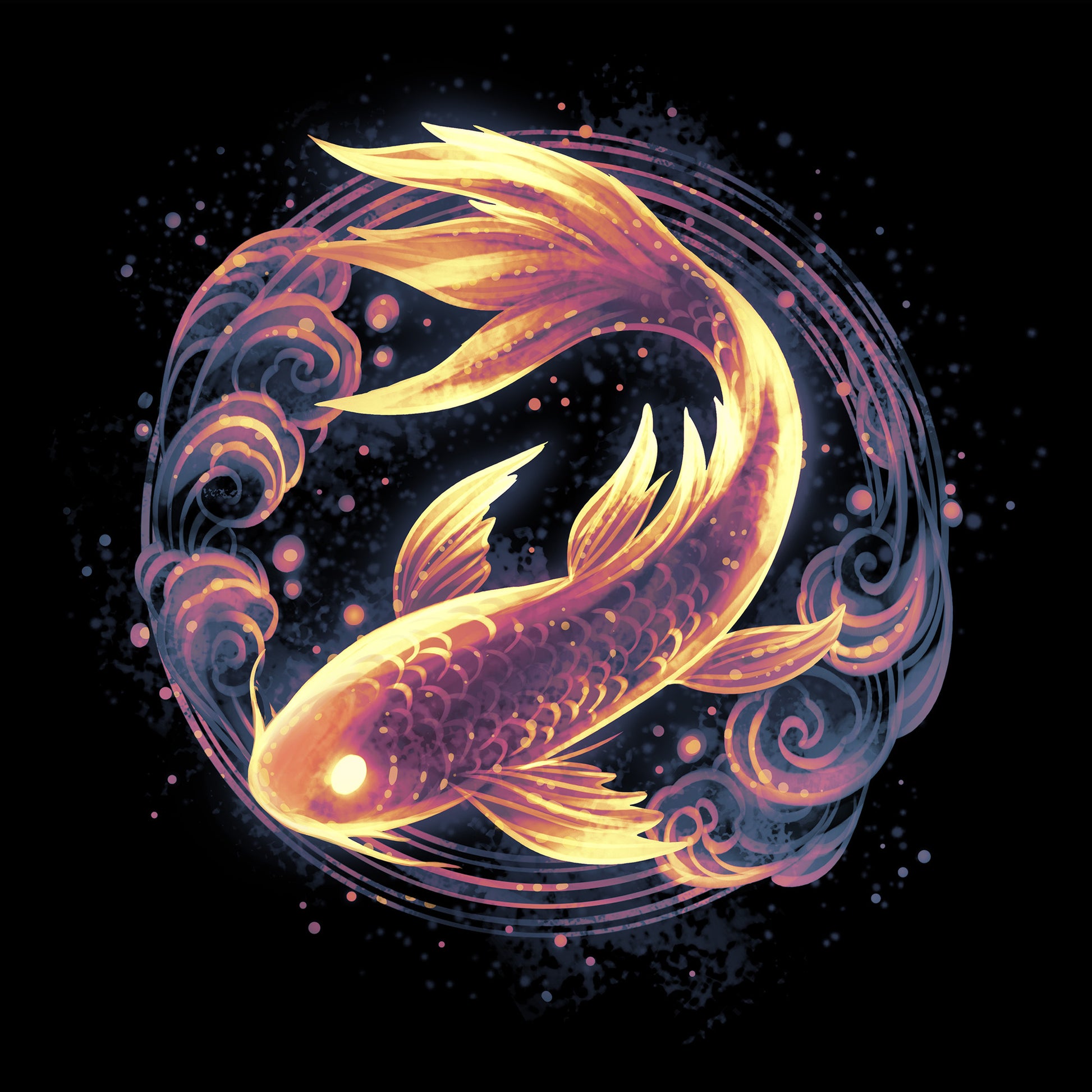 Pullover Hoodie_TeeTurtle black Ethereal Koi apparel featuring a bronze koi with gold highlights framed by a circle with cloud elements.