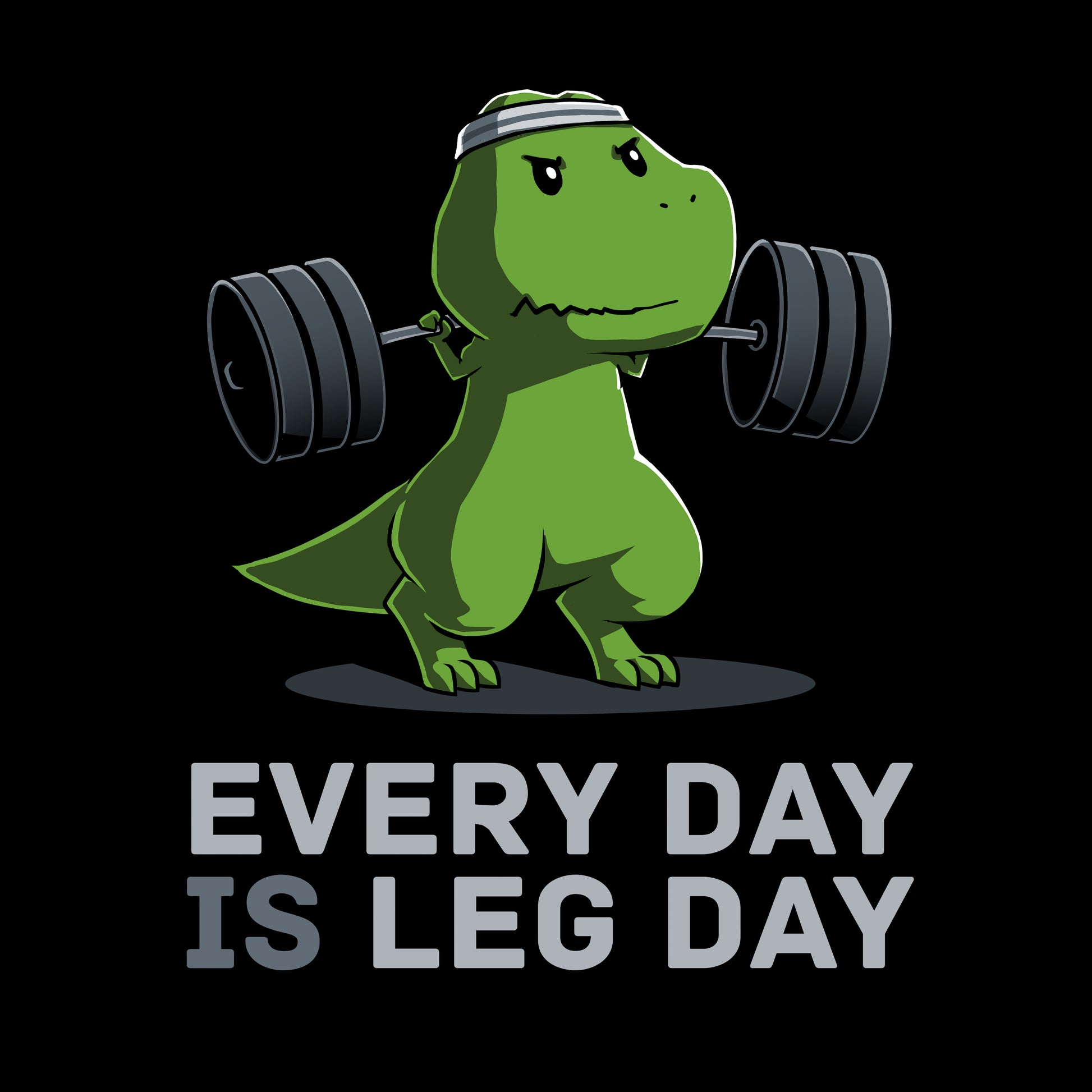 Long Sleeve T-shirt_TeeTurtle black Every Day Is Leg Day. Featuring a t-rex lifting a barbell.