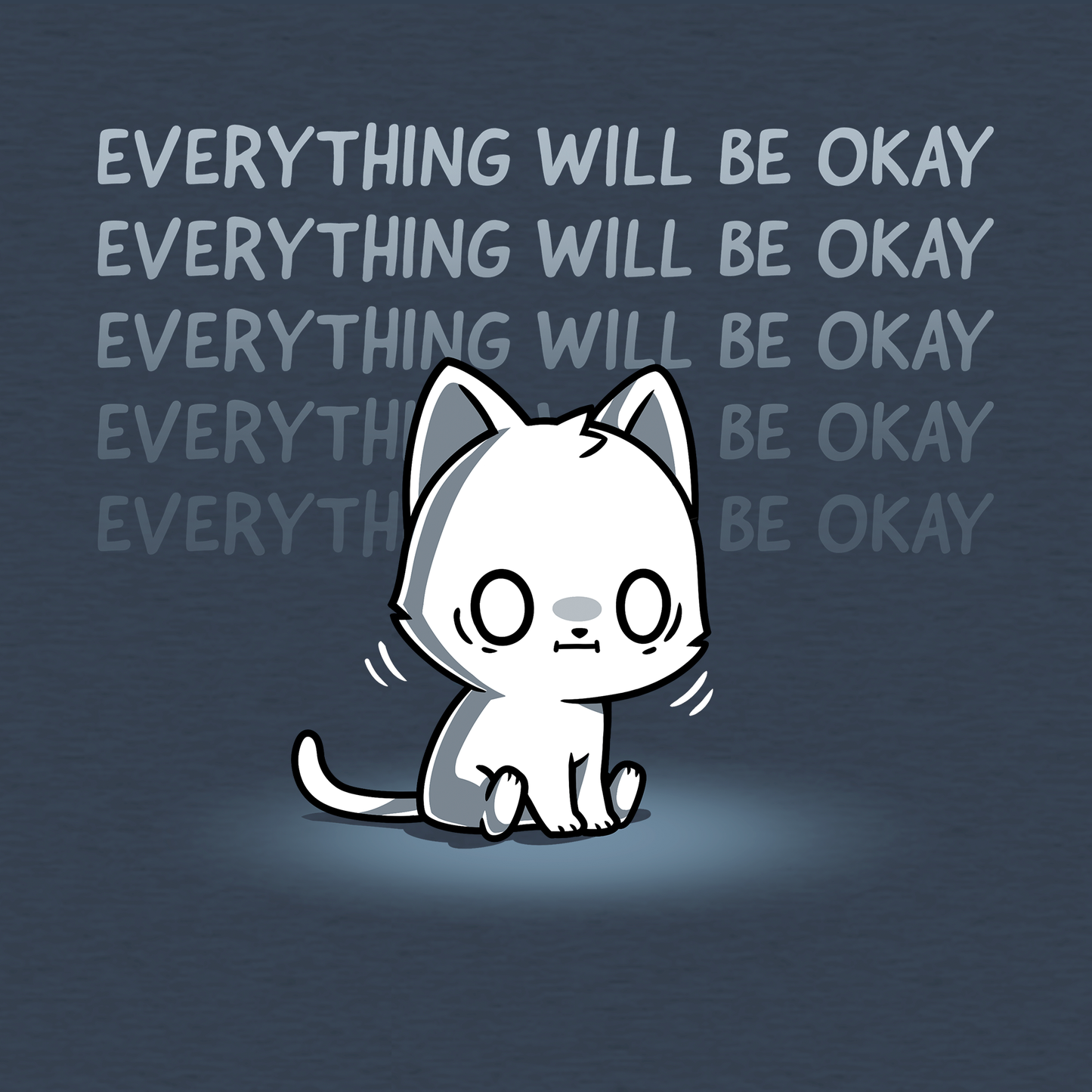 Classic Cotton T-shirt_TeeTurtle heather navy Everything Will Be Okay apparel featuring a white sitting cat with an anxious, shell-shocked expression and the caption, “Everything Will Be Okay“ repeated in the background.