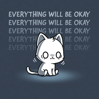 Classic Cotton T-shirt_TeeTurtle heather navy Everything Will Be Okay apparel featuring a white sitting cat with an anxious, shell-shocked expression and the caption, “Everything Will Be Okay“ repeated in the background.