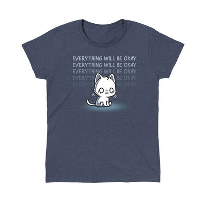 Classic Cotton T-shirt_TeeTurtle heather navy Everything Will Be Okay apparel featuring a white sitting cat with an anxious, shell-shocked expression and the caption, “Everything Will Be Okay“ repeated in the background.