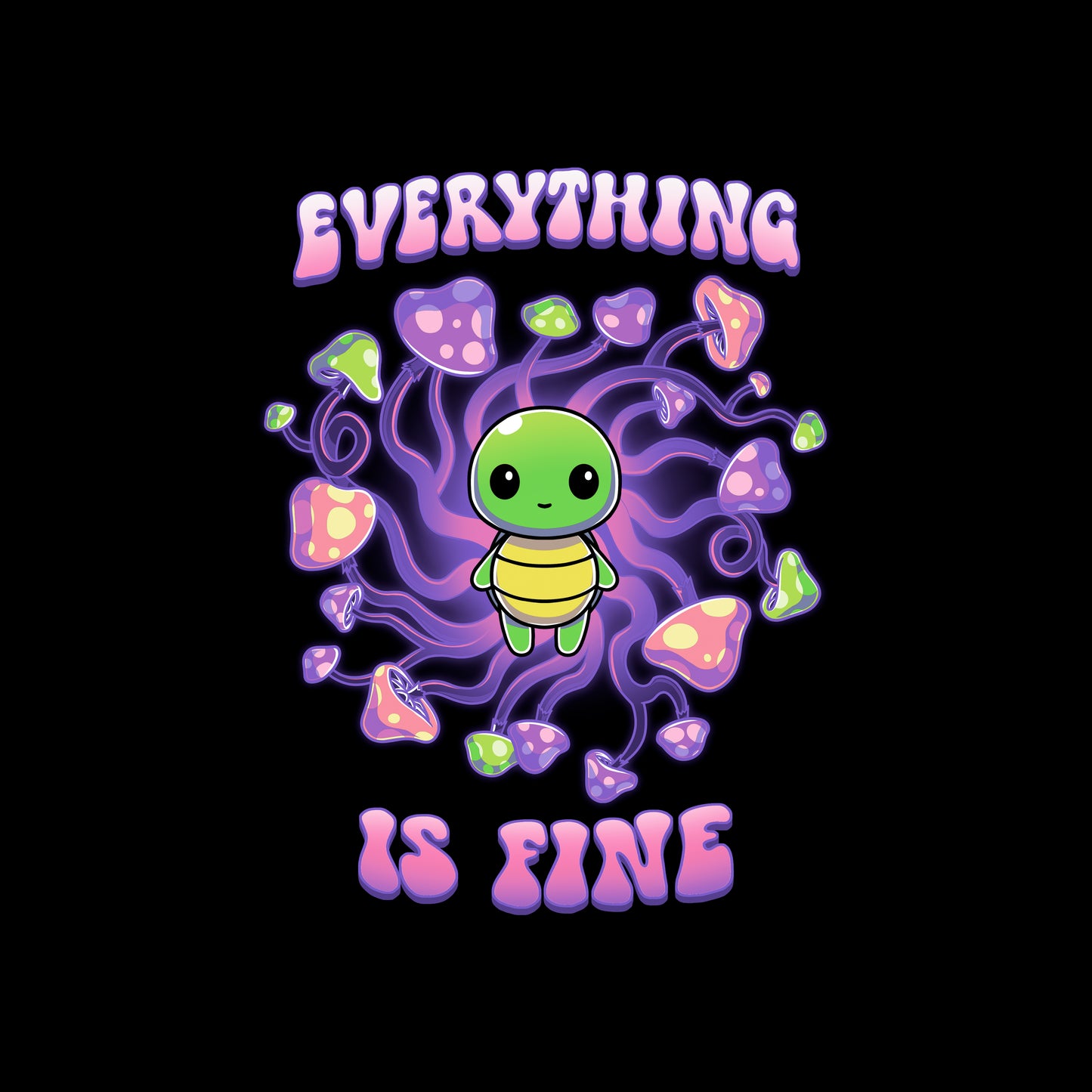  Classic Cotton T-shirt_TeeTurtle Everything is Fine black t-shirt featuring a kawaii green turtle standing in the center of a swirl of psychadelic mushrooms with the text "EVERYTHING IS FINE" which is written above and below the turtle in a purple and pink bubble font. The turtle shows no anxiety. 