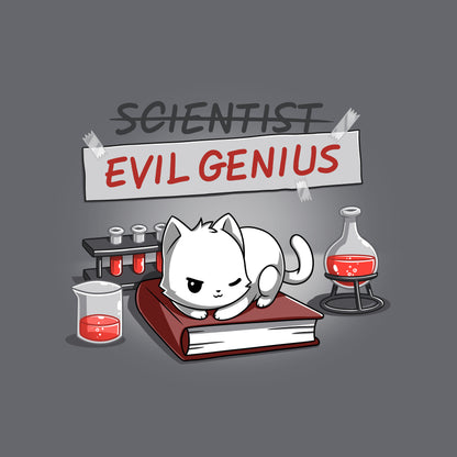 Classic Cotton T-shirt_TeeTurtle Evil Genius charcoal gray t-shirt featuring a white cat with a sly expression sitting on a book, surrounded by science equipment and red liquid in beakers. Above, a sign is crossed out that reads "SCIENTIST" with "EVIL GENIUS" written beneath it in red. 