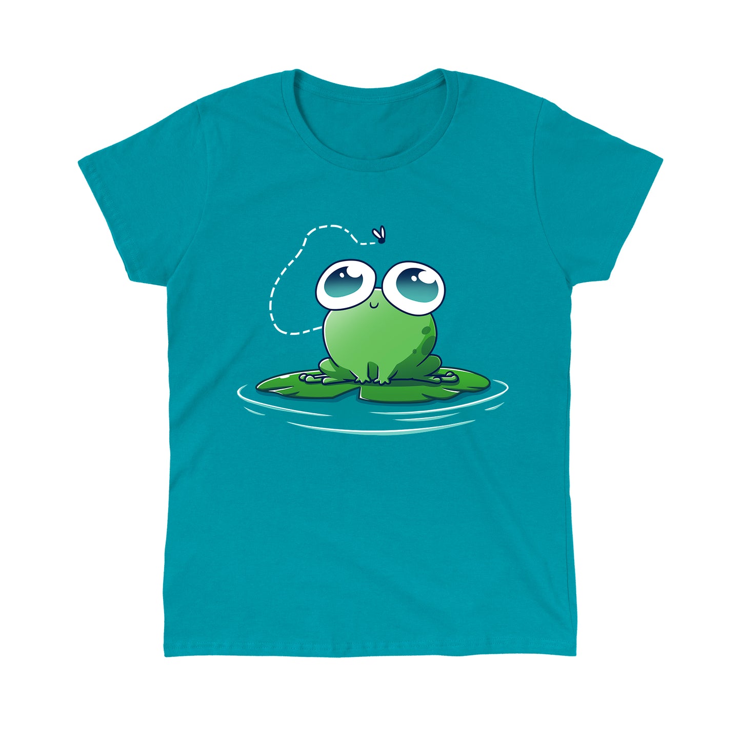 Classic Cotton T-shirt_TeeTurtle Eyes On The Prize Tropical Blue t-shirt featuring a sweet & kawaii frog with big eyes sitting on a lily pad and staring at a fly above them.