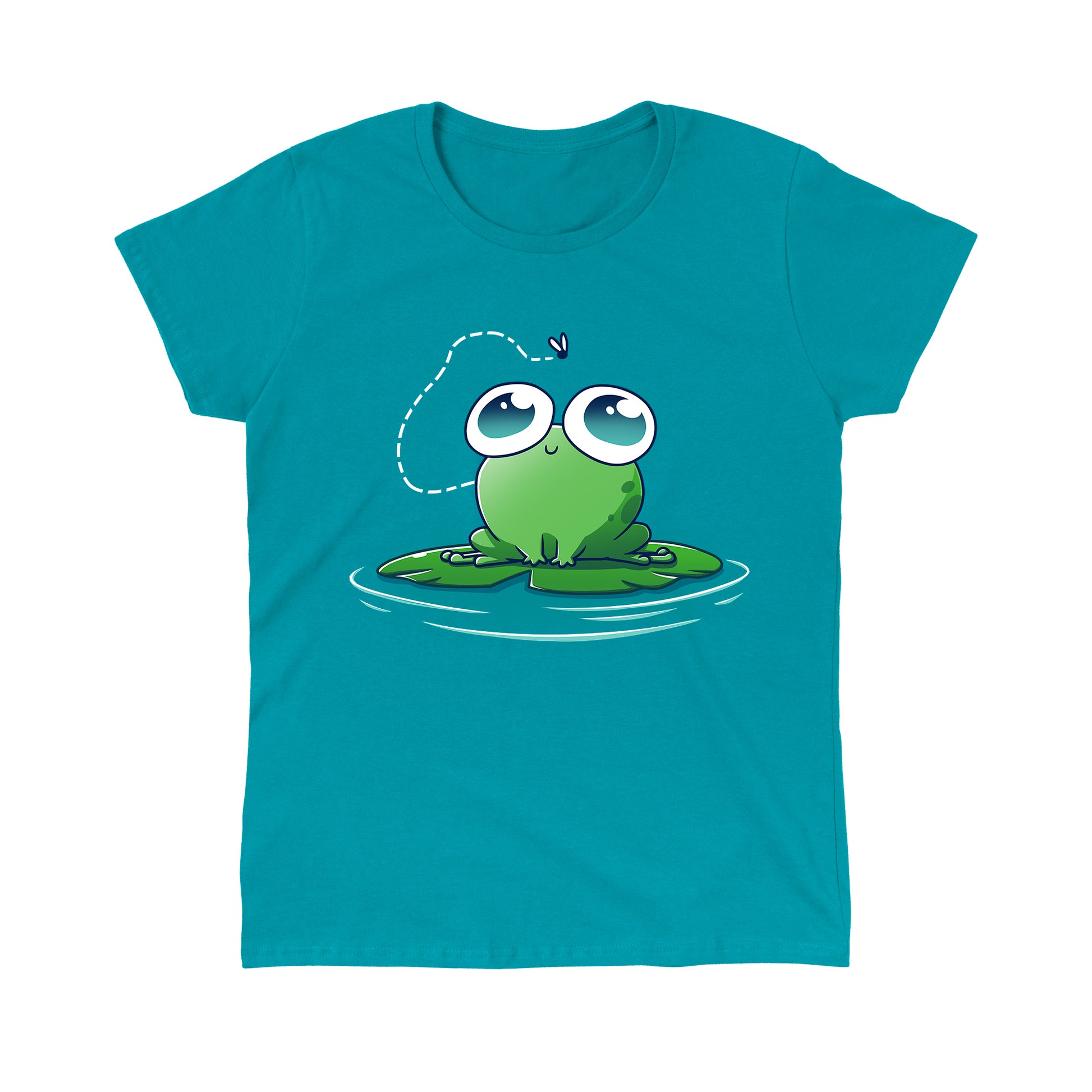 Classic Cotton T-shirt_TeeTurtle Eyes On The Prize Tropical Blue t-shirt featuring a sweet & kawaii frog with big eyes sitting on a lily pad and staring at a fly above them.