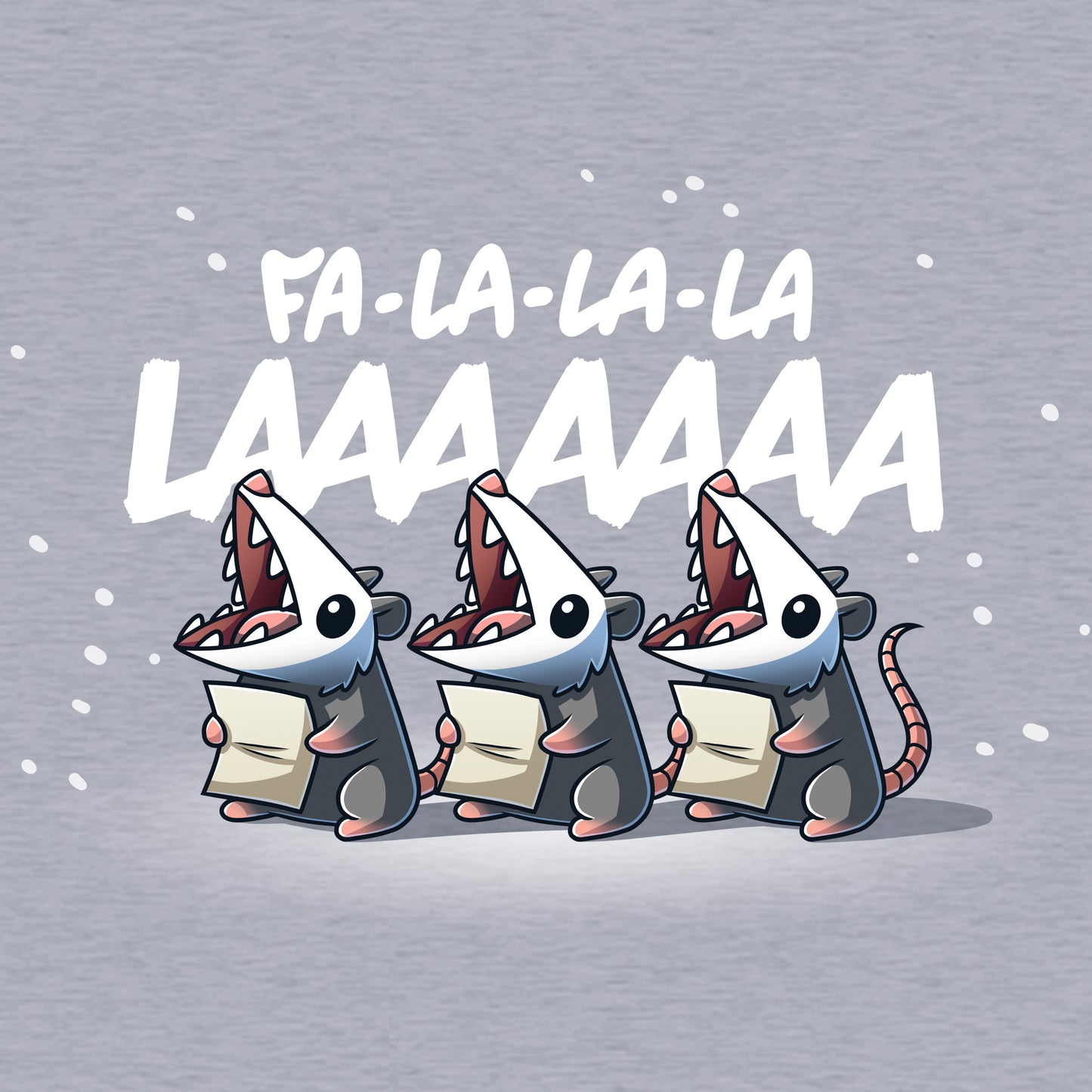 Long Sleeve T-shirt_TeeTurtle heather gray Fa La-La-La LAAAAAAA apparel featuring three opossums holding sheets of paper singing Fa La-La-La LAAAAAAA.