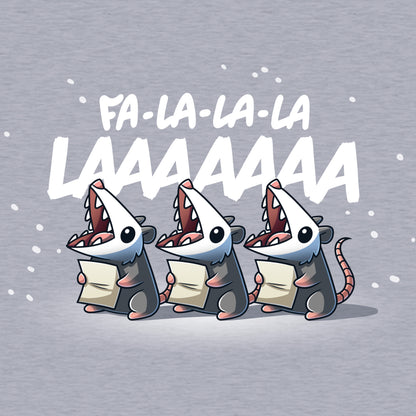 Crew Neck Sweatshirt_TeeTurtle heather gray Fa La-La-La LAAAAAAA apparel featuring three opossums holding sheets of paper singing Fa La-La-La LAAAAAAA.