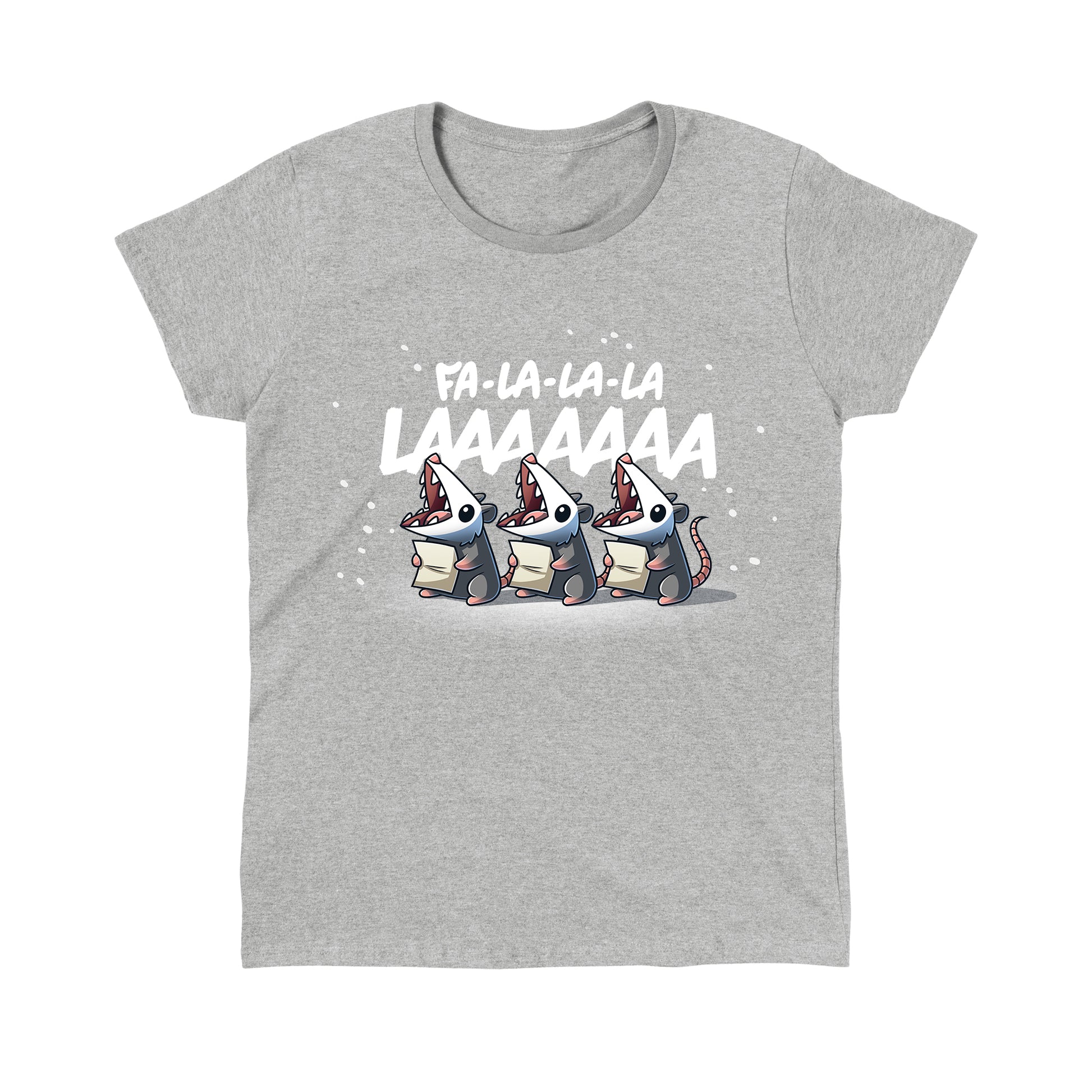 Classic Cotton T-shirt_TeeTurtle heather gray Fa La-La-La LAAAAAAA apparel featuring three opossums holding sheets of paper singing Fa La-La-La LAAAAAAA.