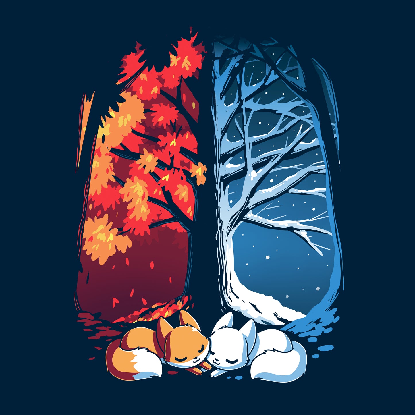 Classic Cotton T-shirt_TeeTurtle navy blue Fall & Winter Foxes apparel featuring an orange fox on the lefthand side, and a white fox on the righthand side with their cheeks touching in the middle, and a fall forest background on the left, and a winter forest background on the right.