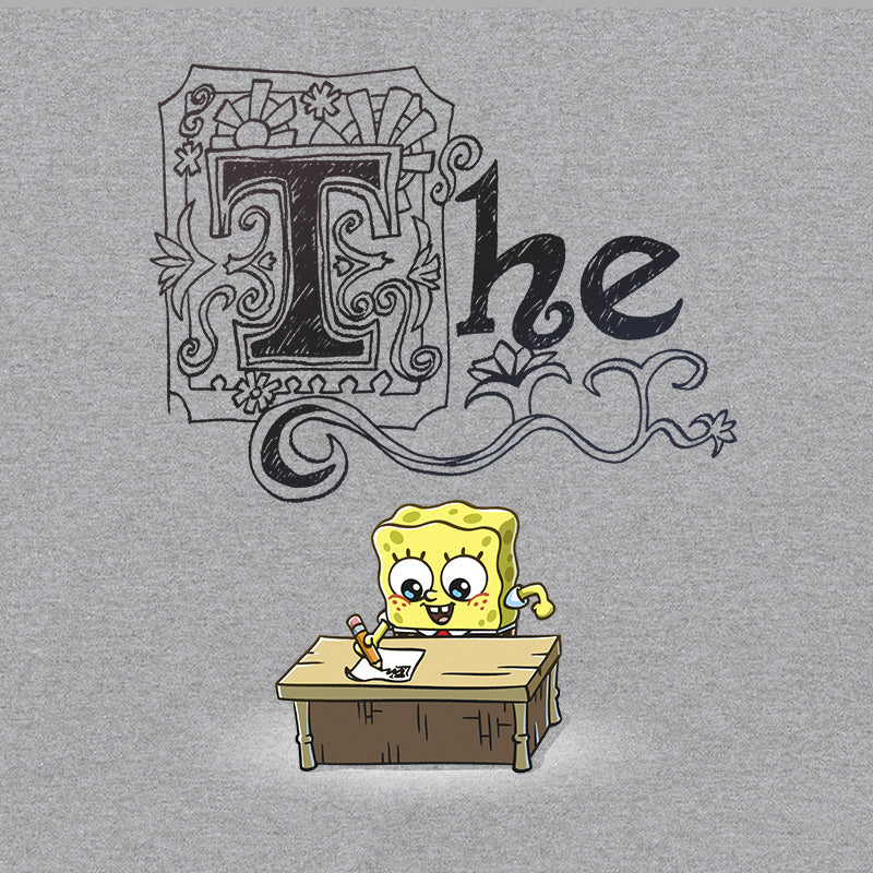 Long Sleeve T-shirt_TeeTurtle heather gray SpongeBob's Essay apparel featuring SpongeBob sitting at a desk with a pencil writing his essay, with the word, “The” decorated with many flourishes on top.