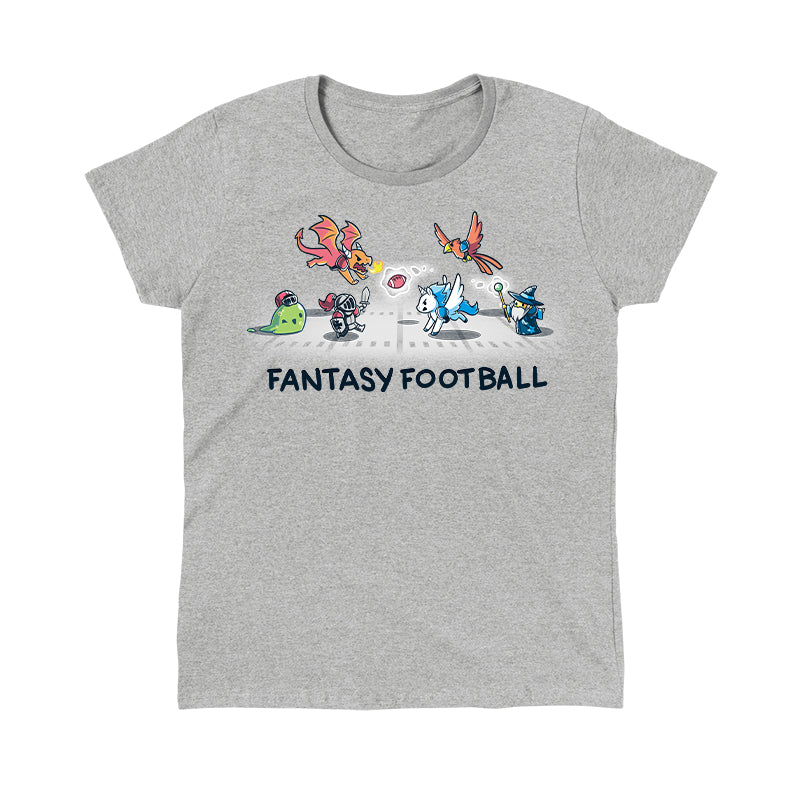 Classic Cotton T-shirt_TeeTurtle Fantasy Football Heather Gray t-shirt featuring an illustration of fantasy creatures, including a dragon, knight, unicorn, bird, and wizard, playing football with the text "Fantasy Football" below them. 