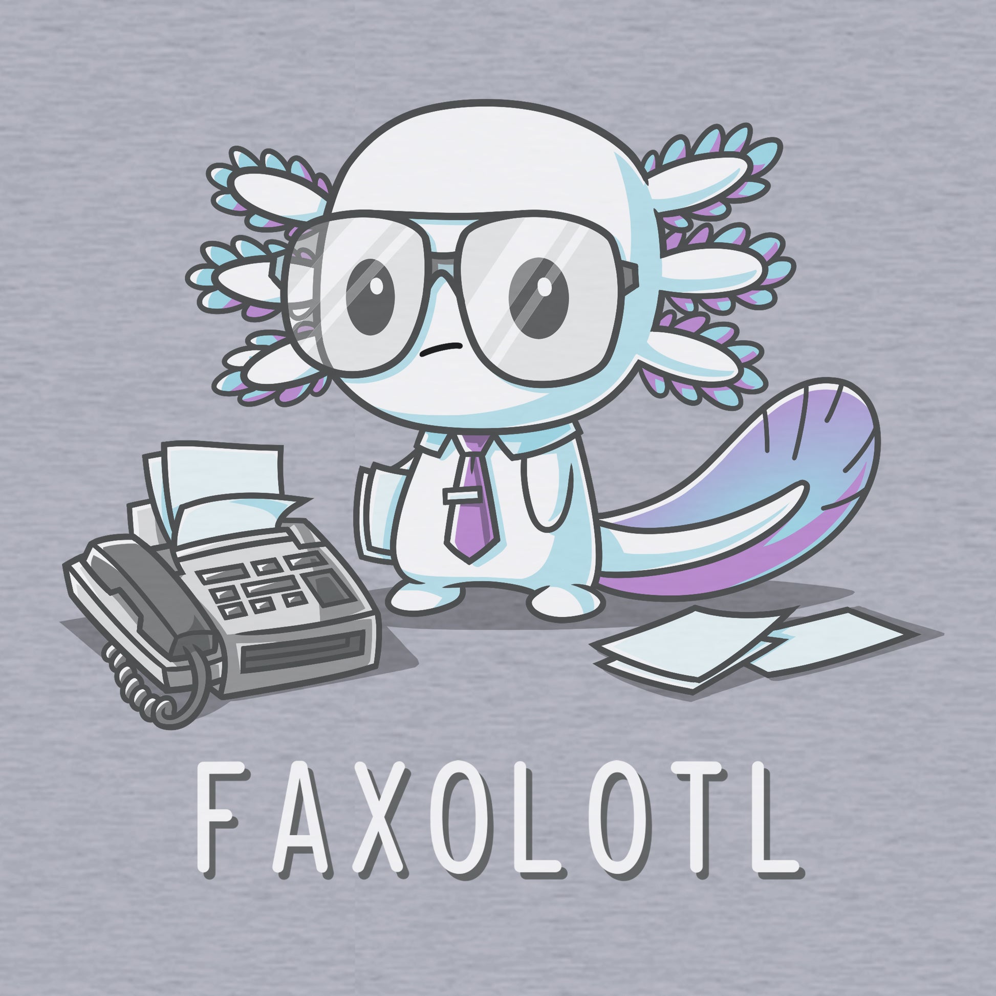 Classic Cotton T-shirt_TeeTurtle Faxolotl heather gray t-shirt featuring an office worker axolotl wearing glasses standing next to a fax machine with a pun underneath.