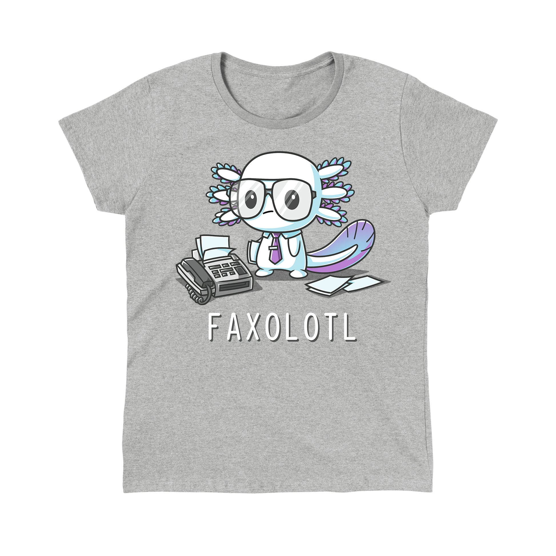 Classic Cotton T-shirt_TeeTurtle Faxolotl heather gray t-shirt featuring an office worker axolotl wearing glasses standing next to a fax machine with a pun underneath.