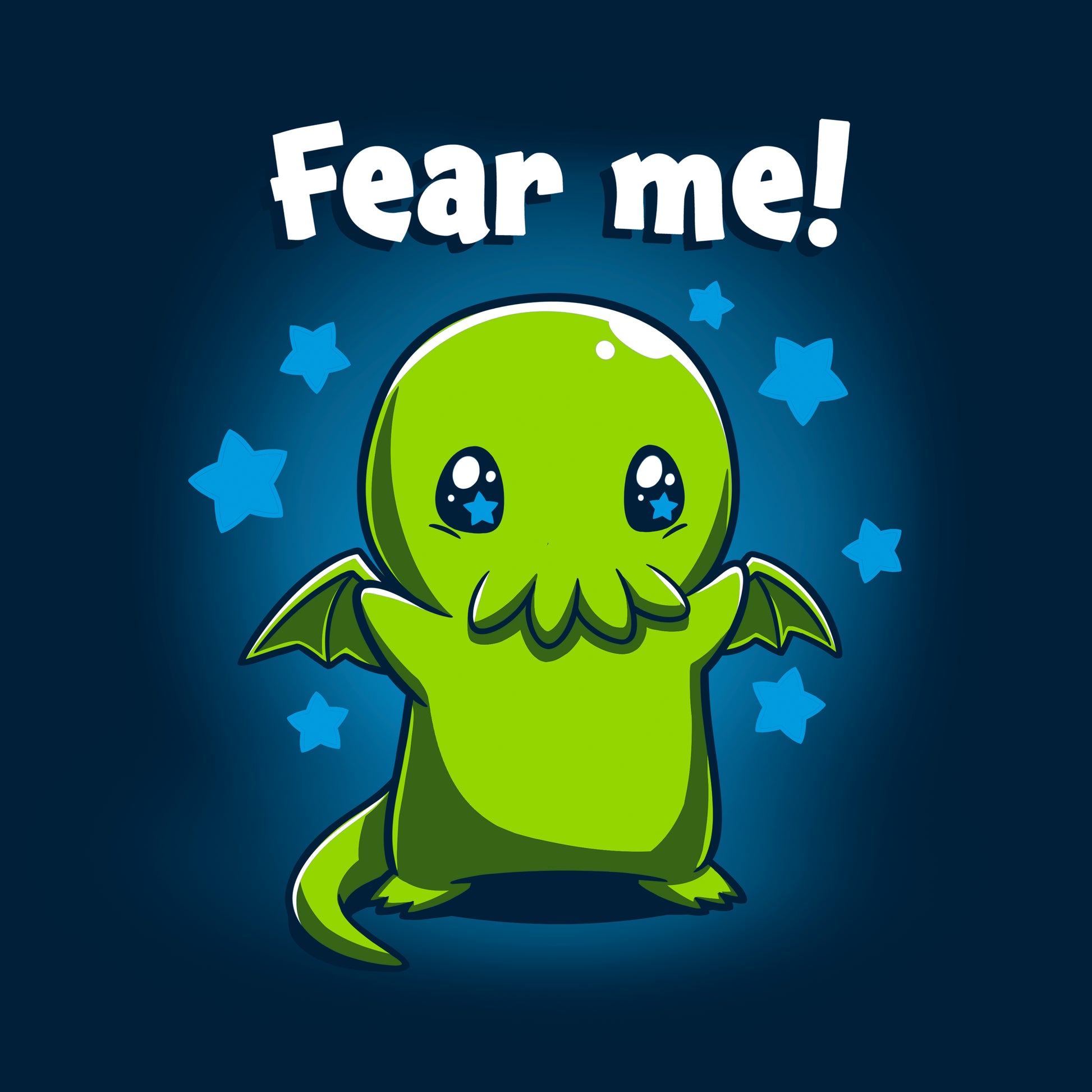 Classic Cotton T-shirt_Teeturtle Fear Me! Navy Blue t-shirt featuring a cute Cthulhu with starry eyes surrounded by stars with the words 'Fear me!' written above its head in this magical creature design. 