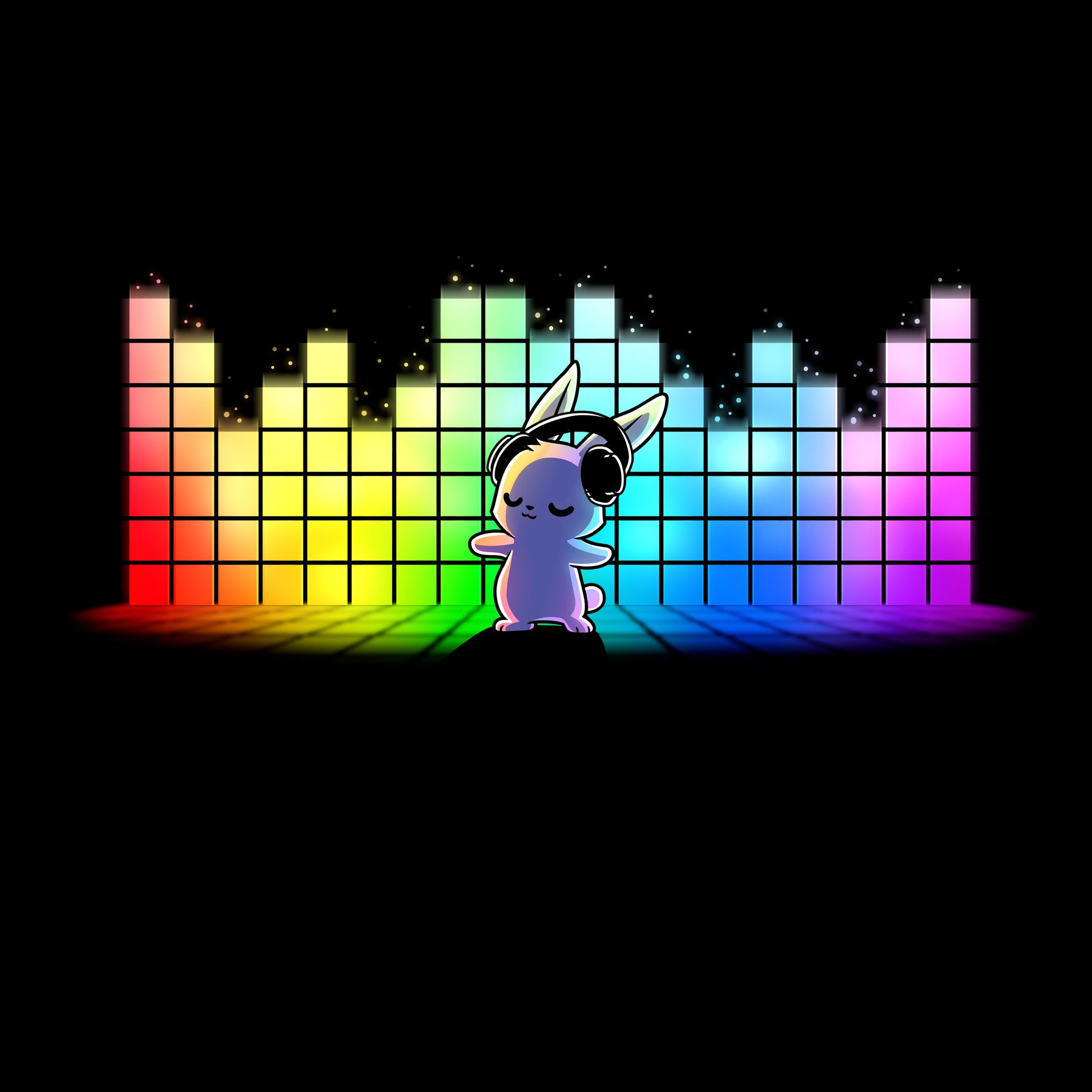 Classic Cotton T-shirt_TeeTurtle black Feel the Music featuring a bunny with a headset dancing with a rainbow equalizer bar in the background.