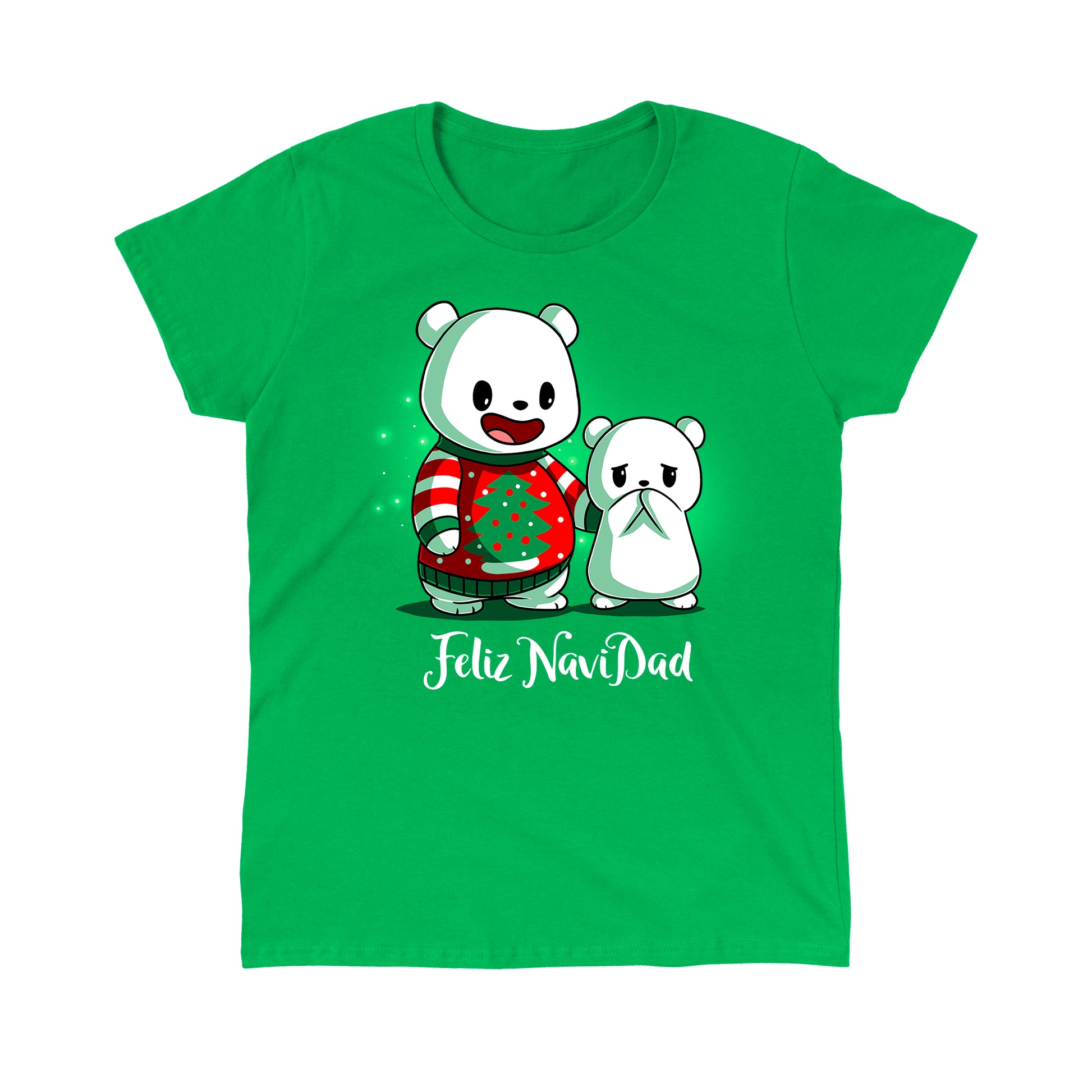 Classic Cotton T-shirt_TeeTurtle Feliz NaviDAD irish green t-shirt featuring two polar bears standing together with a holiday pun underneath, one a dad in a Christmas sweater and the other an embarrassed cub.