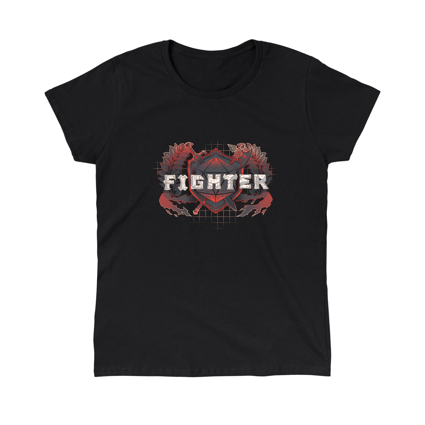 Classic Cotton T-shirt_TeeTurtle Fighter Class t-shirt featuring a shield with crossed weapons and laurel branches, with the word "Fighter."