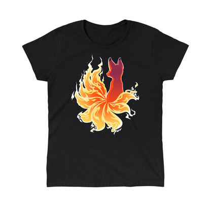 Classic Cotton T-shirt_TeeTurtle black Fire Kitsune. Featuring a kitsune with fiery tail.