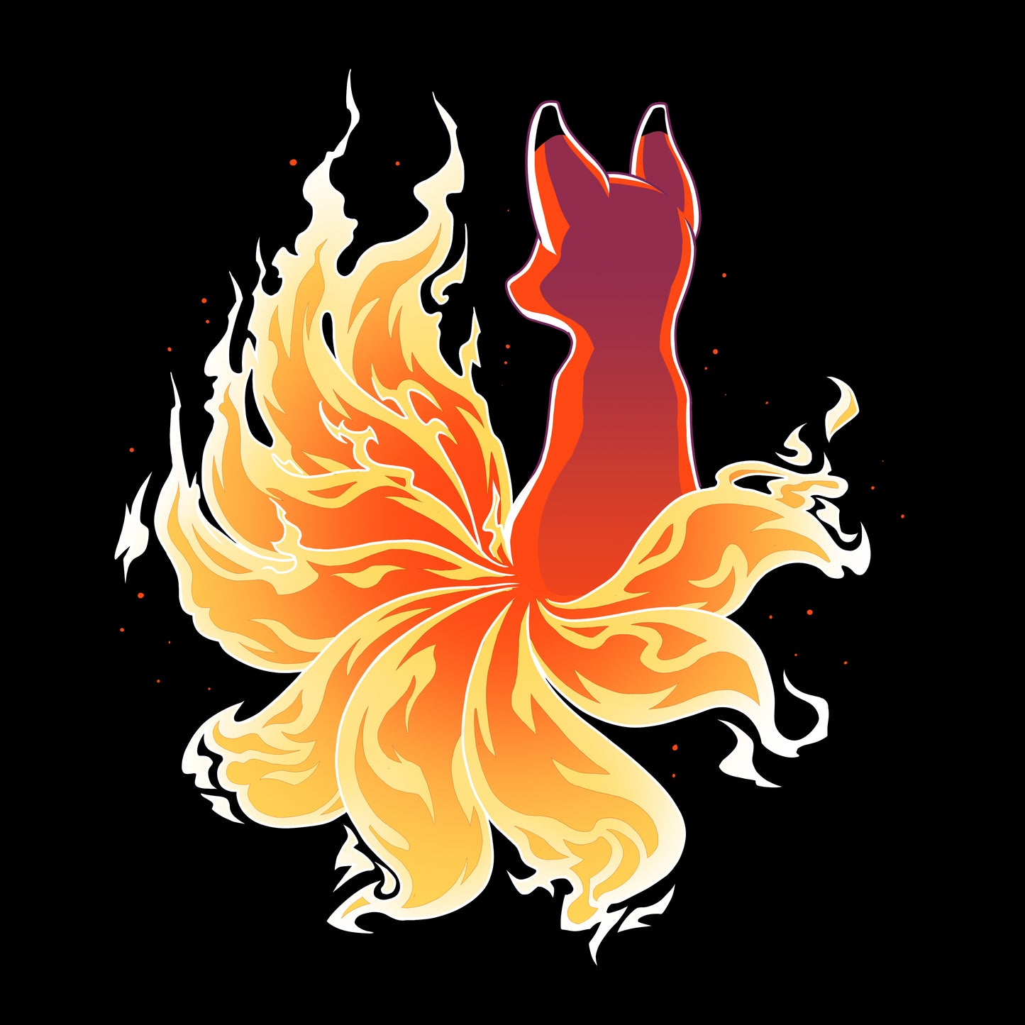 Long Sleeve T-shirt_TeeTurtle black Fire Kitsune. Featuring a kitsune with fiery tail.